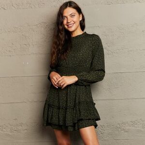 Leopard Smock Waist Long Sleeve Dress